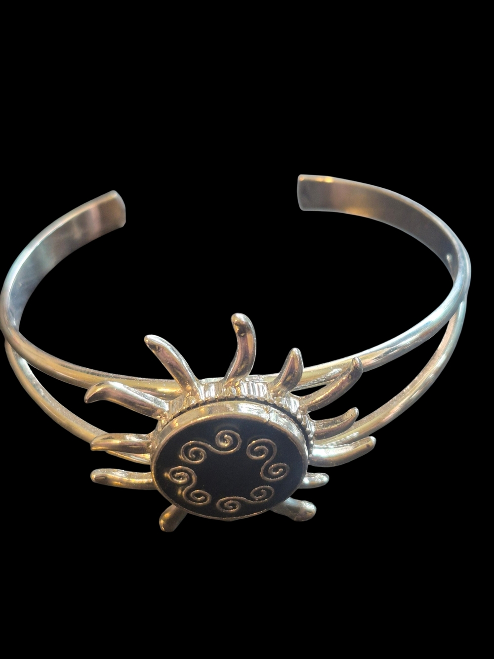 Sunburst Silver-Tone Cuff Bracelet with Black Enamel Center